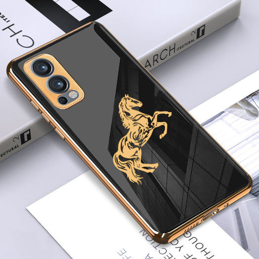 Horse Pattern Glass Back Case With Golden Edges For Oneplus Nord 2