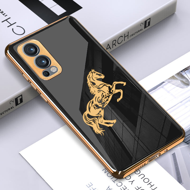Horse Pattern Glass Back Case With Golden Edges For Oneplus Nord 2