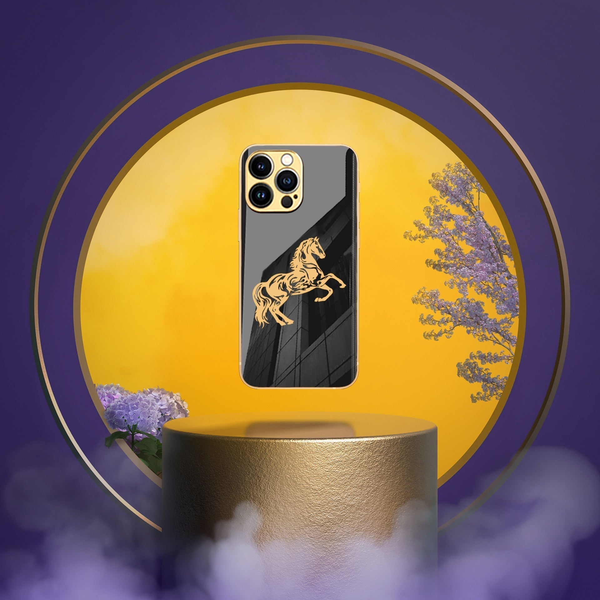 Luxury Horse Pattern Glass Back Case With Golden Edges For iPhone 13 Pro Max