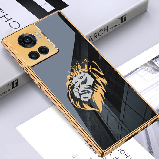 Luxury Premium Glass Lion Back Case With Golden Edges For Oneplus