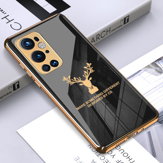 Premium Luxury Deer Pattern Electroplated Glass Back Case With Golden Edges For OnePlus 9 Pro