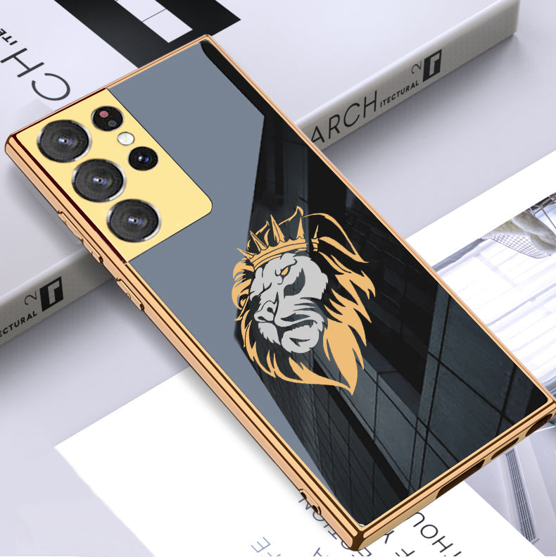 Luxury Premium Glass Lion Back Case With Golden Edges For Samsung S21 Ultra