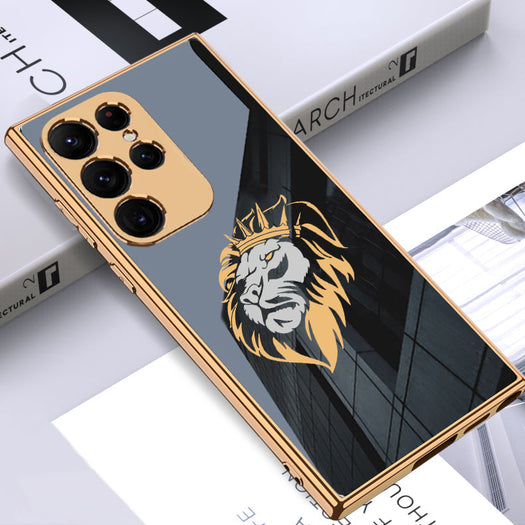 Luxury Premium Glass Lion Back Case With Golden Edges For Samsung S22 Ultra