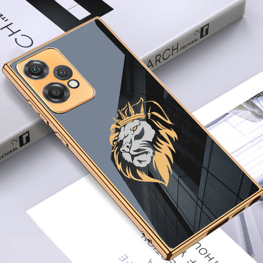 Luxury Premium Glass Lion Back Case With Golden Edges For Oneplus NORD,8T