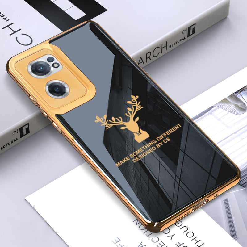 Premium Luxury Deer Pattern Electroplated Glass Back Case With Golden Edges For OnePlus Nord Ce 2