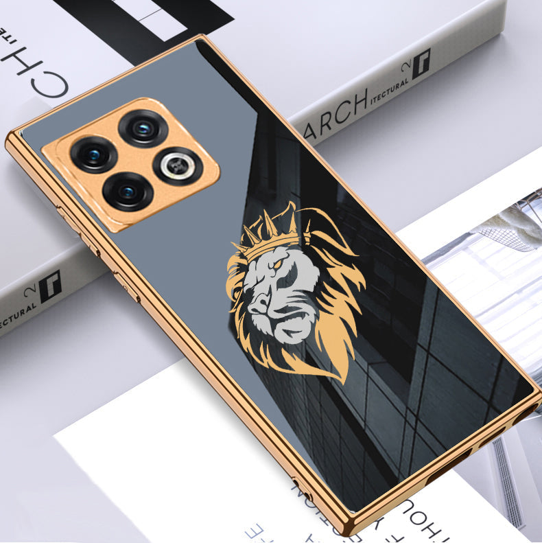 Luxury Premium Glass Lion Back Case With Golden Edges For Oneplus 10 Pro