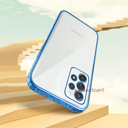 Premium Luxury 3D Flower Carved Plating Electroplated Side Frame Transparent Back Case Cover for Samsung Galaxy A52