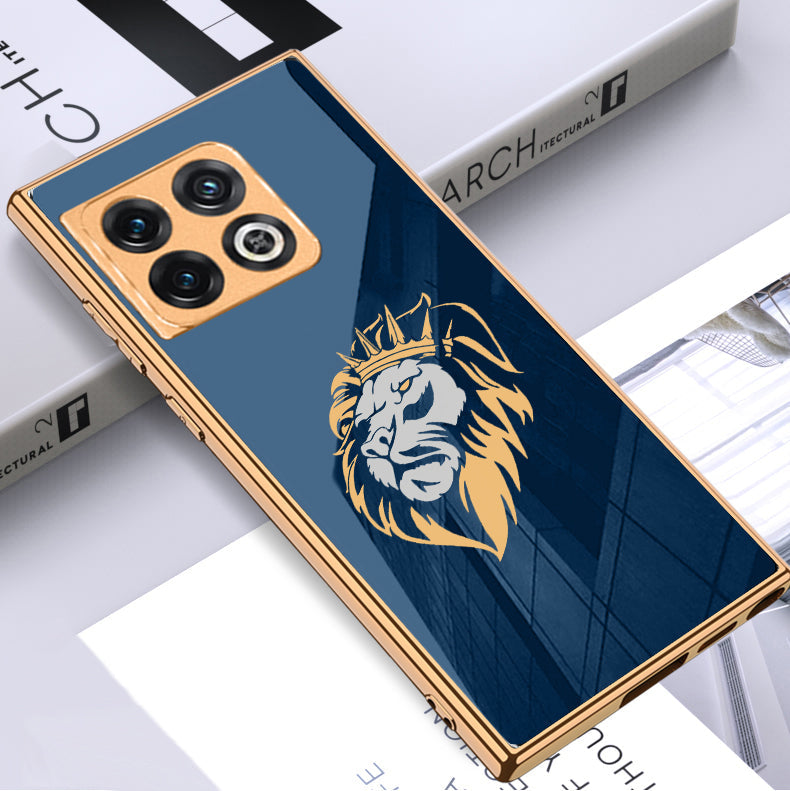 Luxury Premium Glass Lion Back Case With Golden Edges For Oneplus