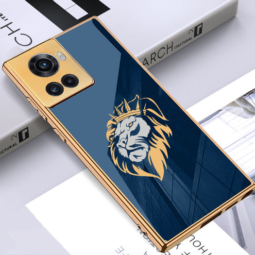 Luxury Premium Glass Lion Back Case With Golden Edges For Oneplus
