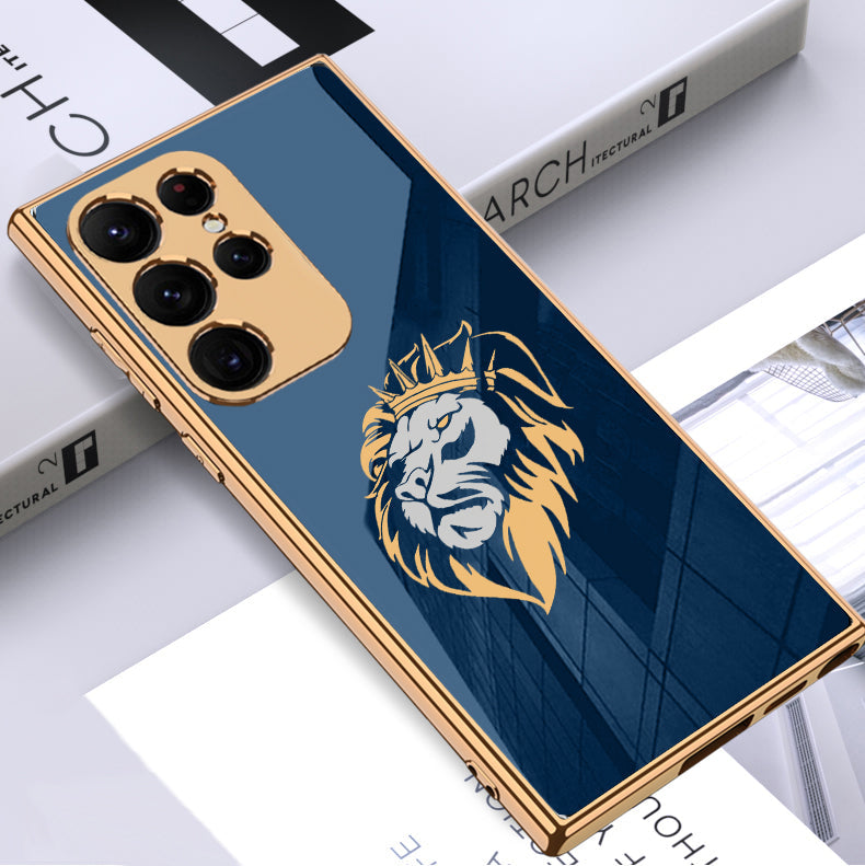 Luxury Premium Glass Lion Back Case With Golden Edges For Samsung S22 Ultra