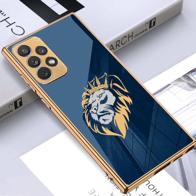 Luxury Premium Glass Lion Back Case With Golden Edges For Samsung A52s