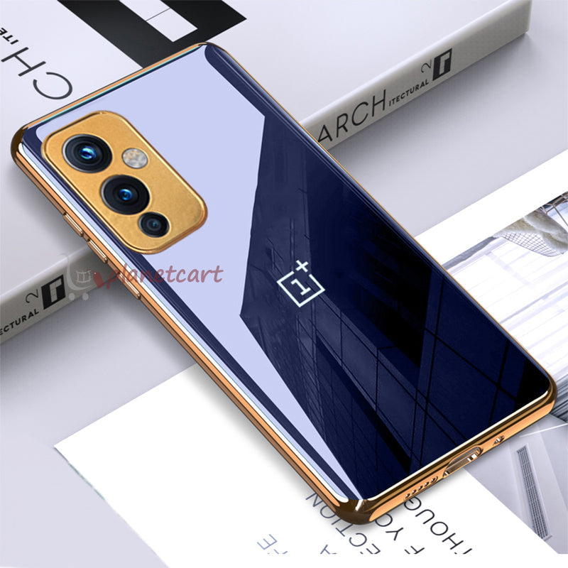 Luxury Glossy Gold Edge Glass Back Case For Oneplus 9