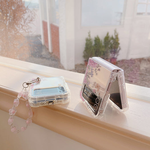 Luxury Floral Print Pattern With Bracelet Clear Phone Case for Samsung Galaxy Z Flip 4