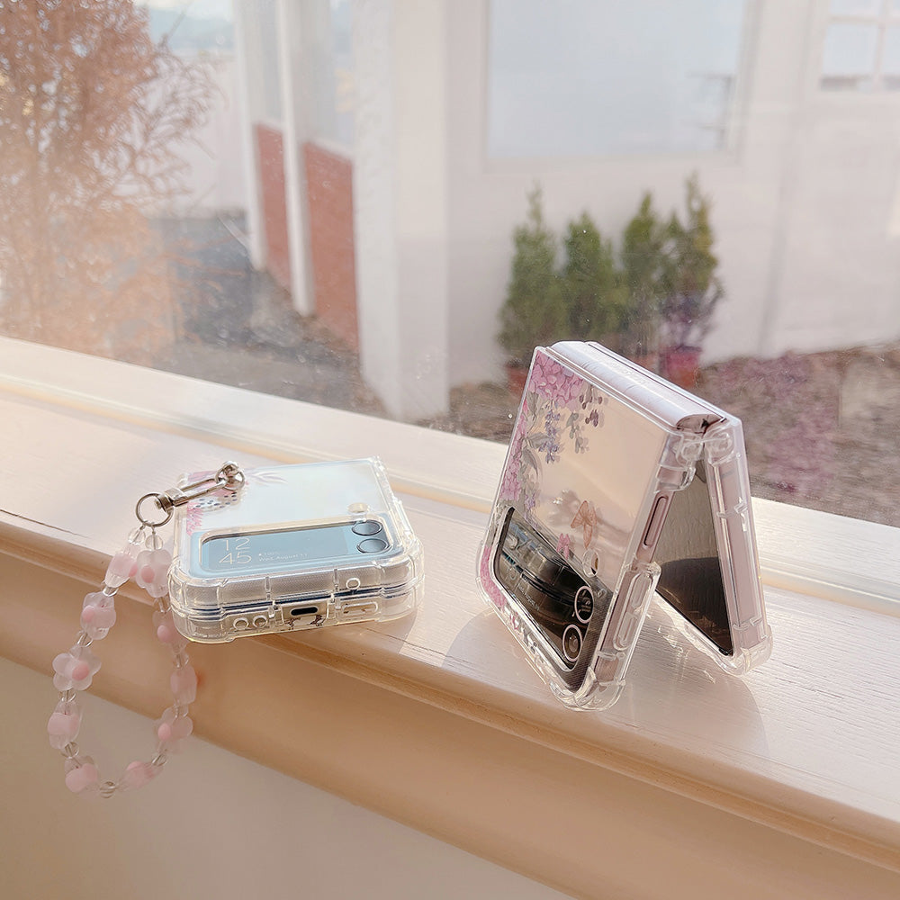 Luxury Floral Print Pattern With Bracelet Clear Phone Case for Samsung Galaxy Z Flip 4