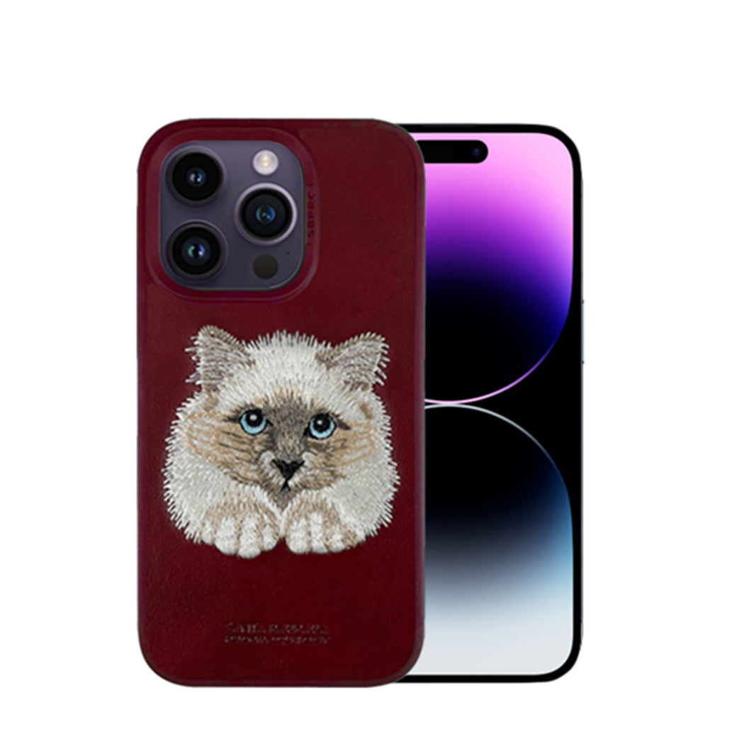 Santa Barbara Savana Series Cat Embroidery Genuine Leather Case For iPhone 14 Plus