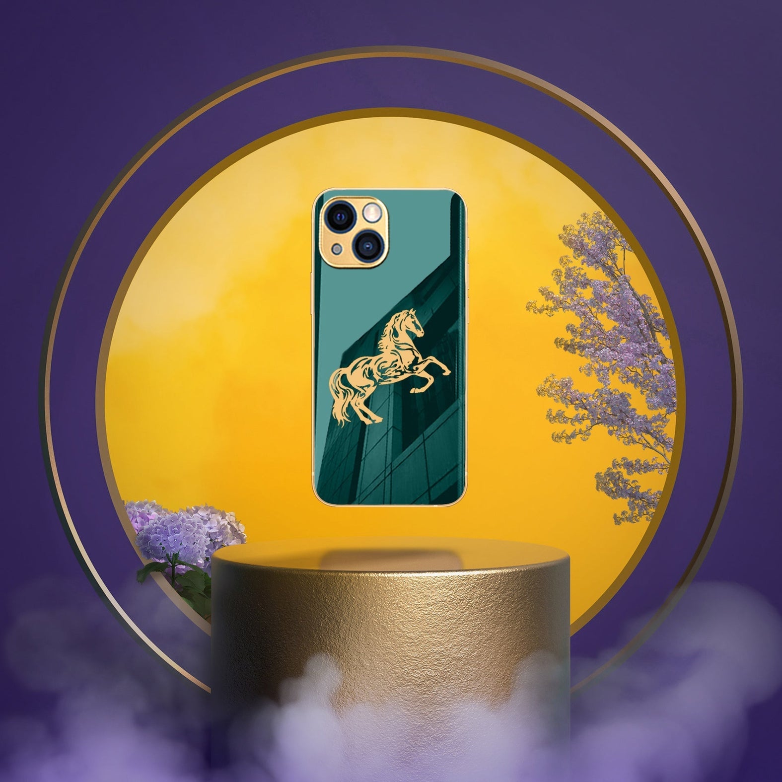 Luxury Horse Pattern Glass Back Case With Golden Edges For iPhone 13