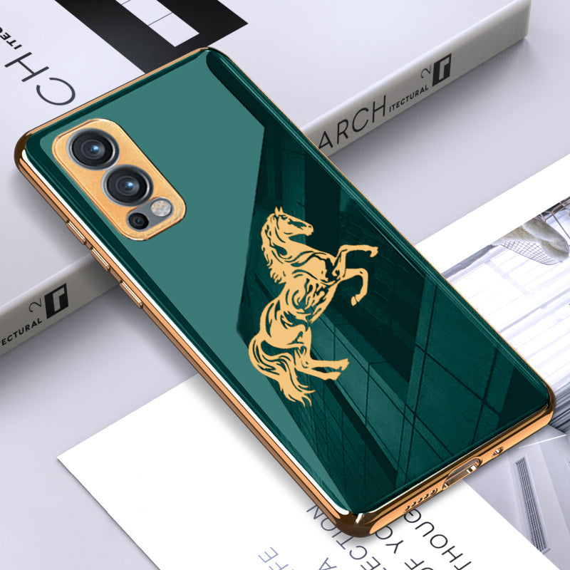 Horse Pattern Glass Back Case With Golden Edges For Oneplus Nord 2