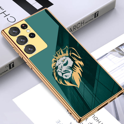 Luxury Premium Glass Lion Back Case With Golden Edges For Samsung S21 Ultra