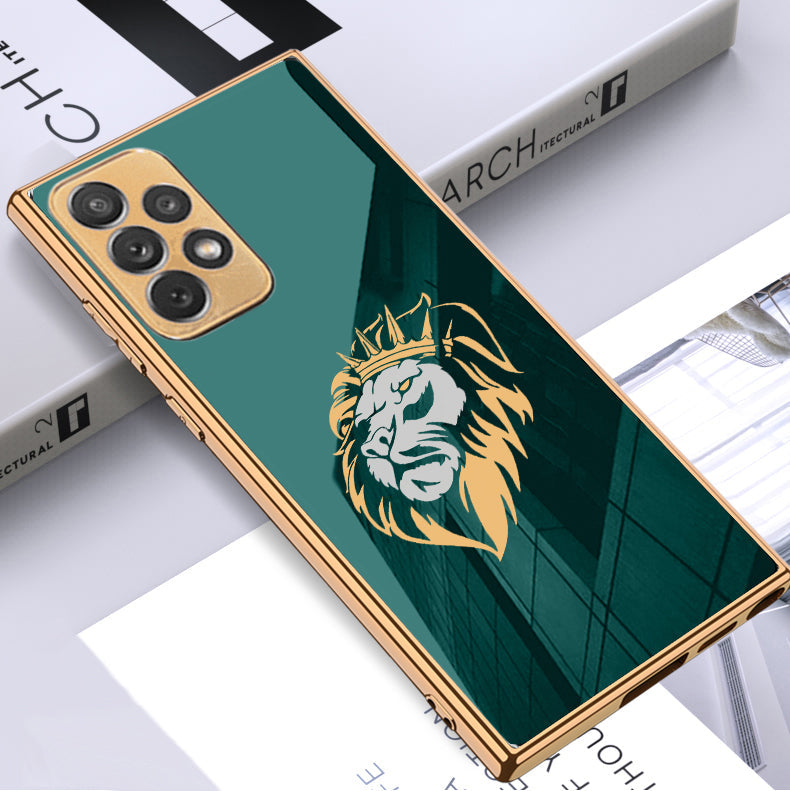 Luxury Premium Glass Lion Back Case With Golden Edges For Samsung A52s