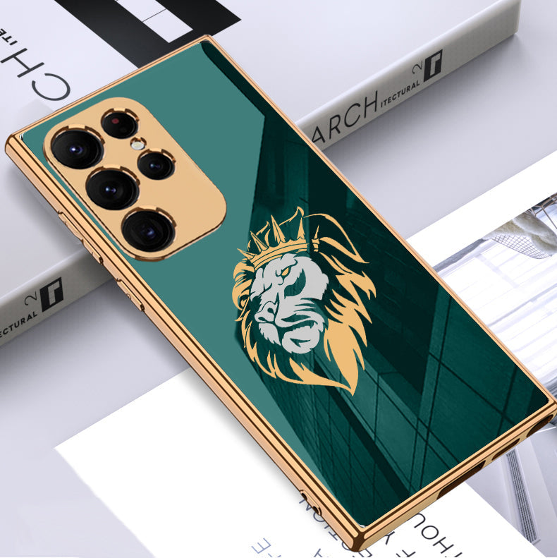 Luxury Premium Glass Lion Back Case With Golden Edges For Samsung S22 Ultra