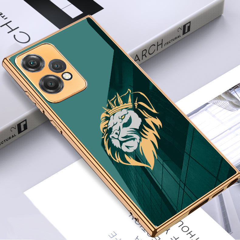 Luxury Premium Glass Lion Back Case With Golden Edges For Oneplus NORD,8T