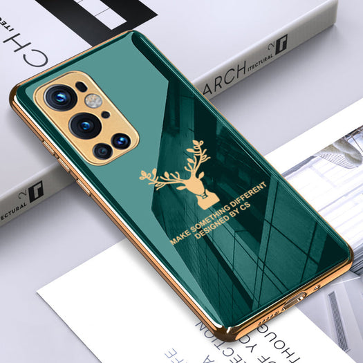 Premium Luxury Deer Pattern Electroplated Glass Back Case With Golden Edges For OnePlus 9 Pro