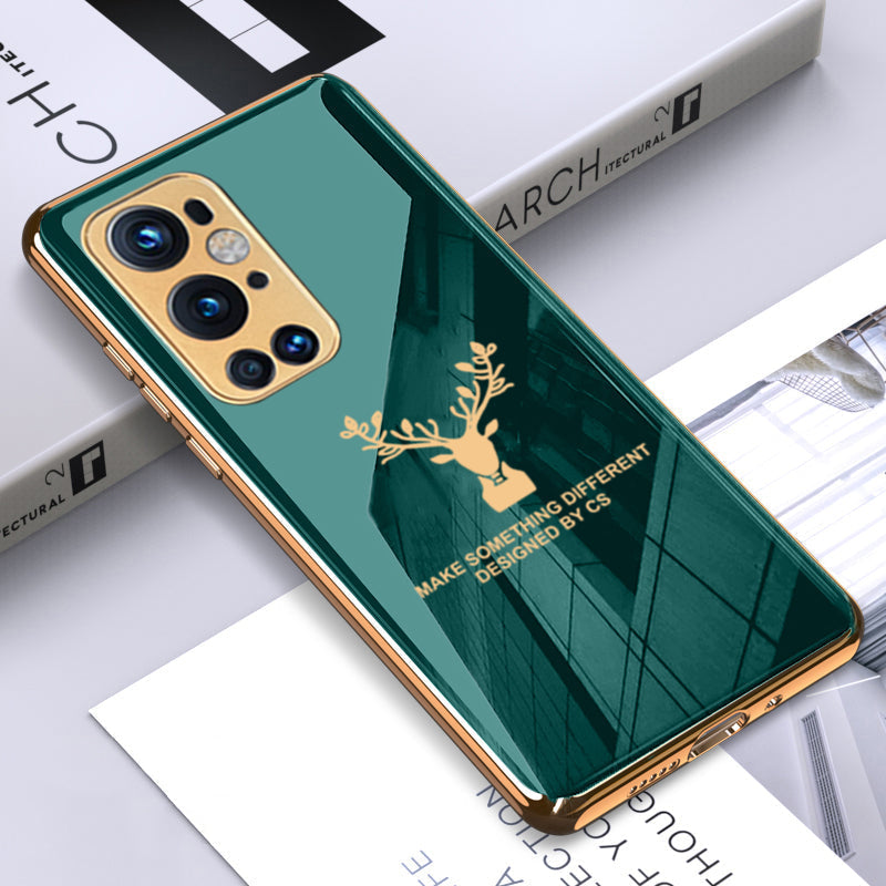 Premium Luxury Deer Pattern Electroplated Glass Back Case With Golden Edges For OnePlus 9 Pro