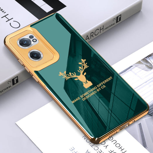 Premium Luxury Deer Pattern Electroplated Glass Back Case With Golden Edges For OnePlus Nord Ce 2
