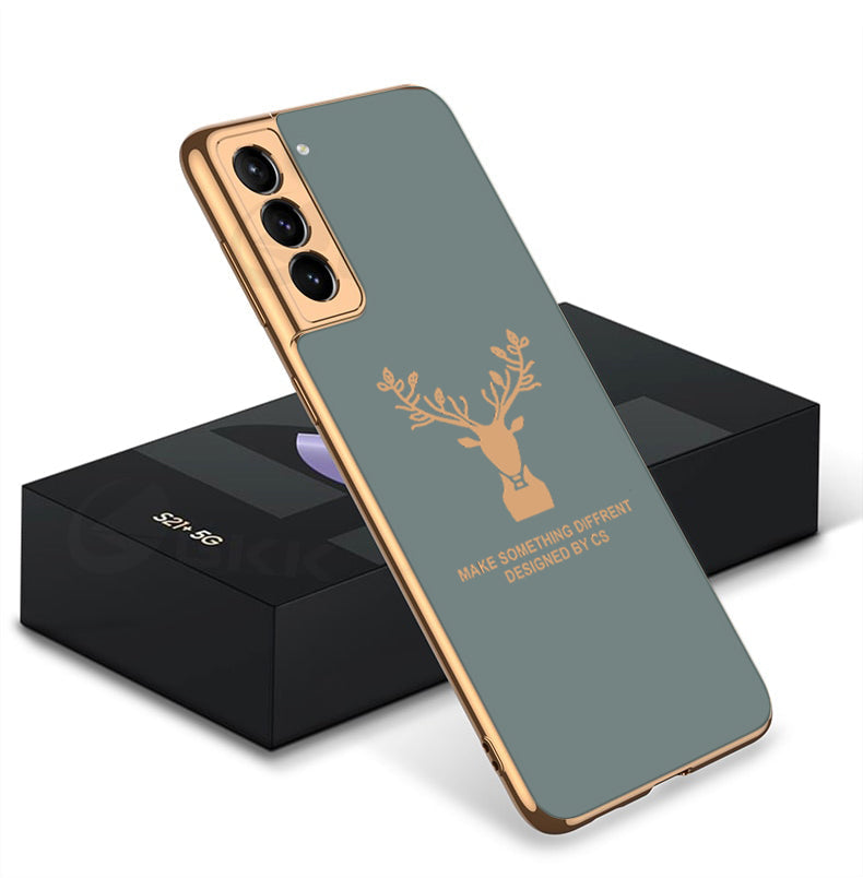 Luxury Golden Edges Deer Glass Back Case For Samsung Galaxy S21 Plus - Premium Cases