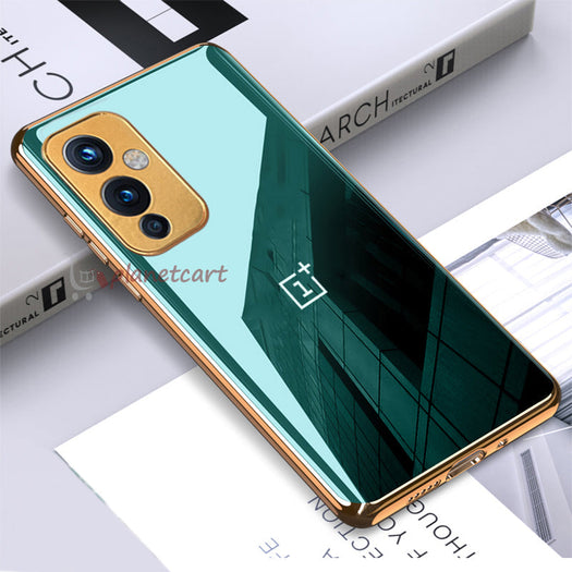Luxury Glossy Gold Edge Glass Back Case For Oneplus 9