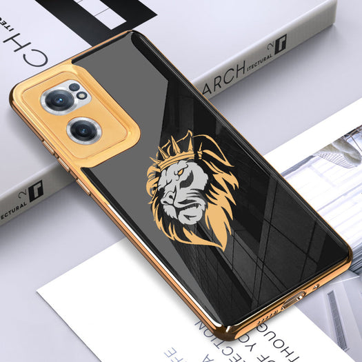Luxury Premium Glass Lion Back Case With Golden Edges For Oneplus NORD,8T