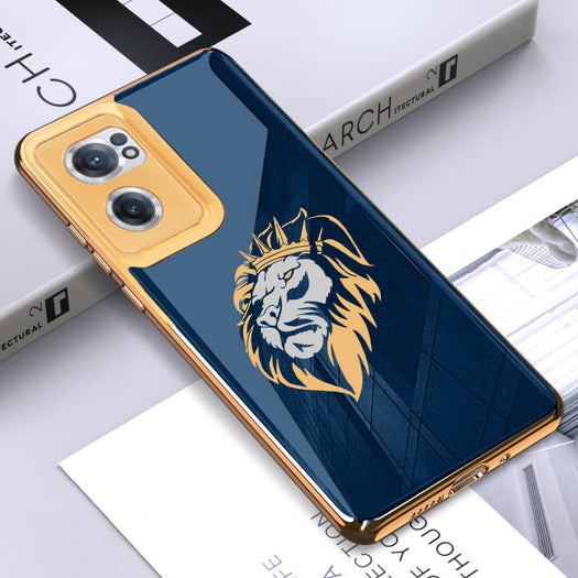 Luxury Premium Glass Lion Back Case With Golden Edges For Oneplus NORD,8T