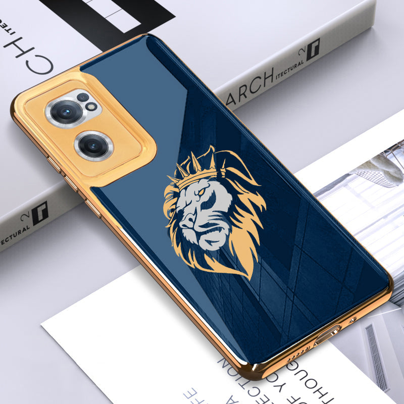 Luxury Premium Glass Lion Back Case With Golden Edges For Oneplus NORD,8T