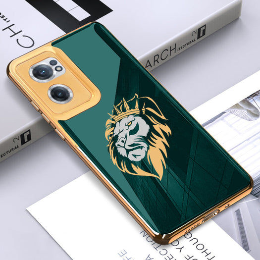 Luxury Premium Glass Lion Back Case With Golden Edges For Oneplus Nord CE2