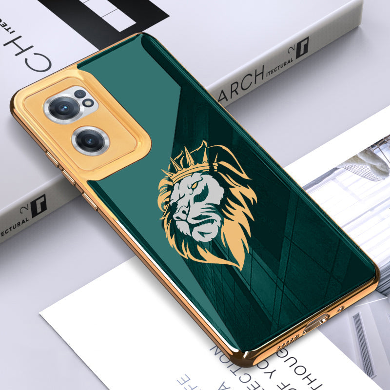 Luxury Premium Glass Lion Back Case With Golden Edges For Oneplus NORD,8T