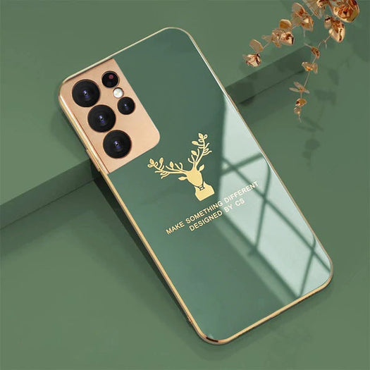 Luxury Golden Edges Deer Glass Back Case For Samsung Series - Premium Cases