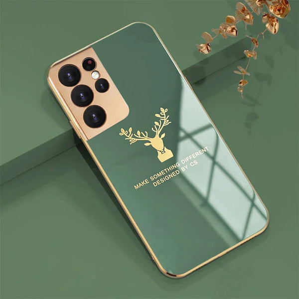 Luxury Golden Edges Deer Glass Back Case For Samsung Series - Premium Cases