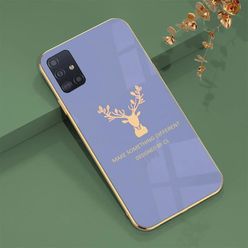 Luxury Golden Edges Deer Glass Back Case For Samsung Series - Premium Cases