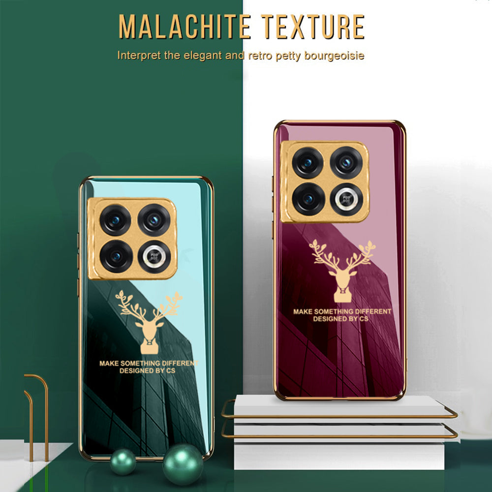 Premium Luxury Deer Pattern Electroplated Glass Back Case With Golden Edges For OnePlus 10 Pro