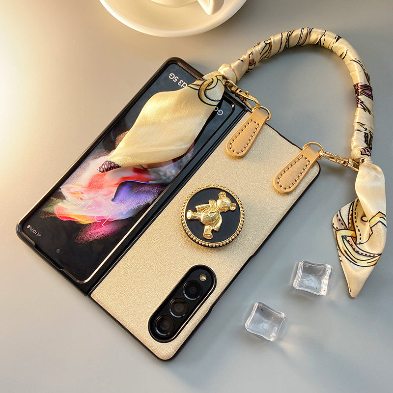 Luxury Printed Scarf Chain Bracelet And Chain Bear case for Samsung Galaxy Z Fold 4