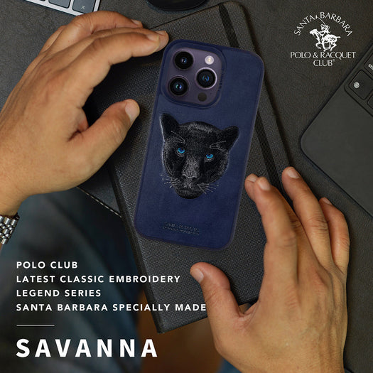 Santa Barbara Savana Series Black Panther Embroidery Genuine Leather Case For iPhone 14 Pro Max