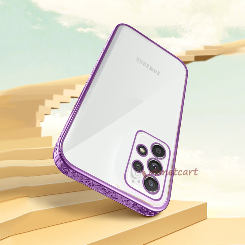 Premium Luxury 3D Flower Carved Plating Electroplated Side Frame Transparent Back Case Cover for Samsung Galaxy A72