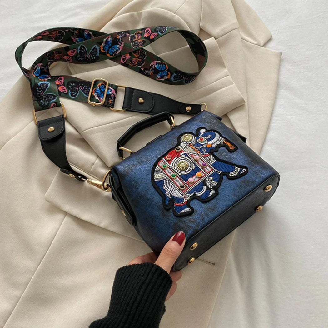 Luxury Vintage Embroidery Elephant Wide Butterfly Strap Women's Handbags