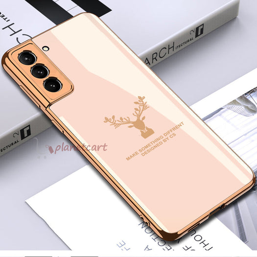 Luxury Golden Edges Deer Pattern Glass Back Case For Samsung Galaxy S21 Plus - Premium Cases