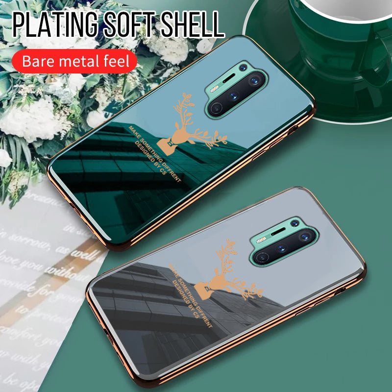Luxury Golden Edges Deer Glass Back Case For Oneplus 8 Pro - Premium Cases