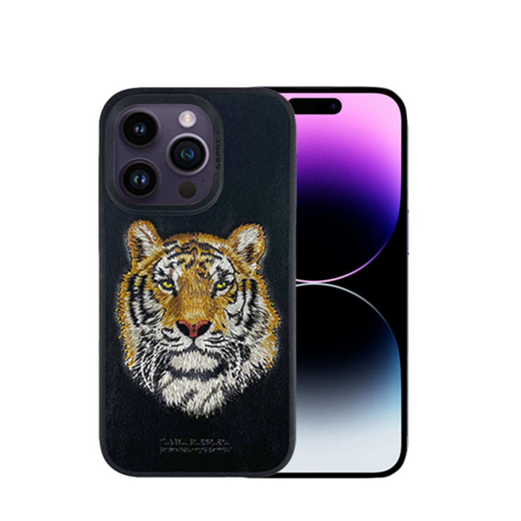 Santa Barbara Savana Series Tiger Embroidery Genuine Leather Case For iPhone 14 Plus