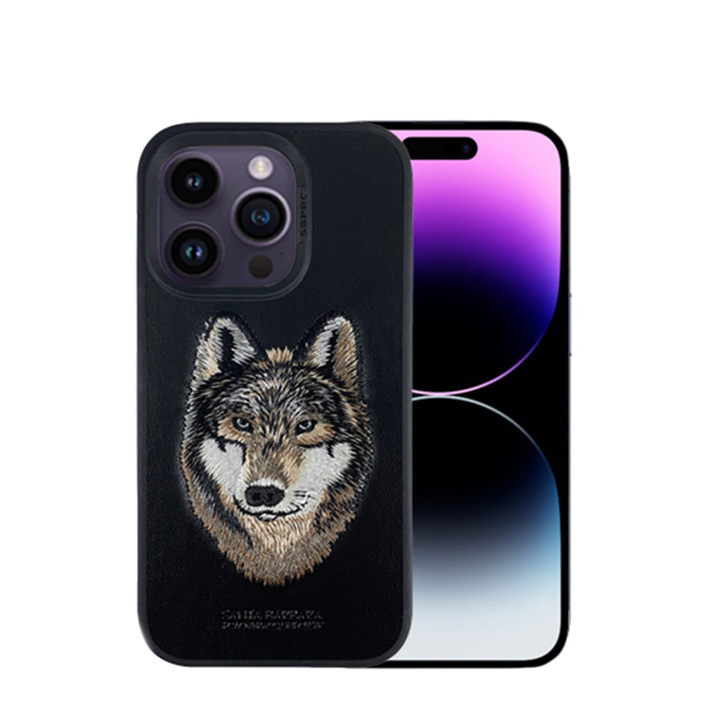 Santa Barbara Savana Series Wolf Embroidery Genuine Leather Case For iPhone 14 Pro Max