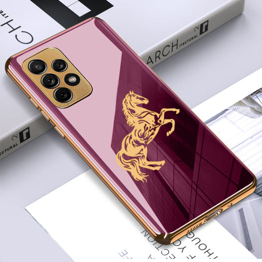 Premium Horse Pattern Glass Back Case With Golden Edges For Samsung A52