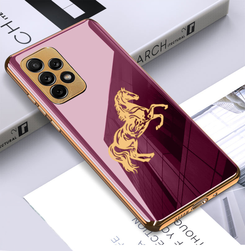 Premium Horse Pattern Glass Back Case With Golden Edges For Samsung A52