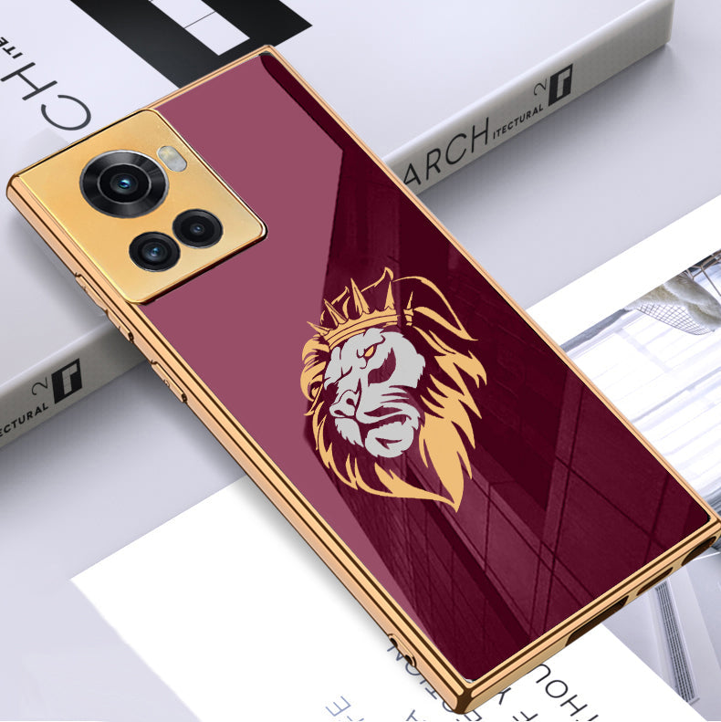 Luxury Premium Glass Lion Back Case With Golden Edges For Oneplus